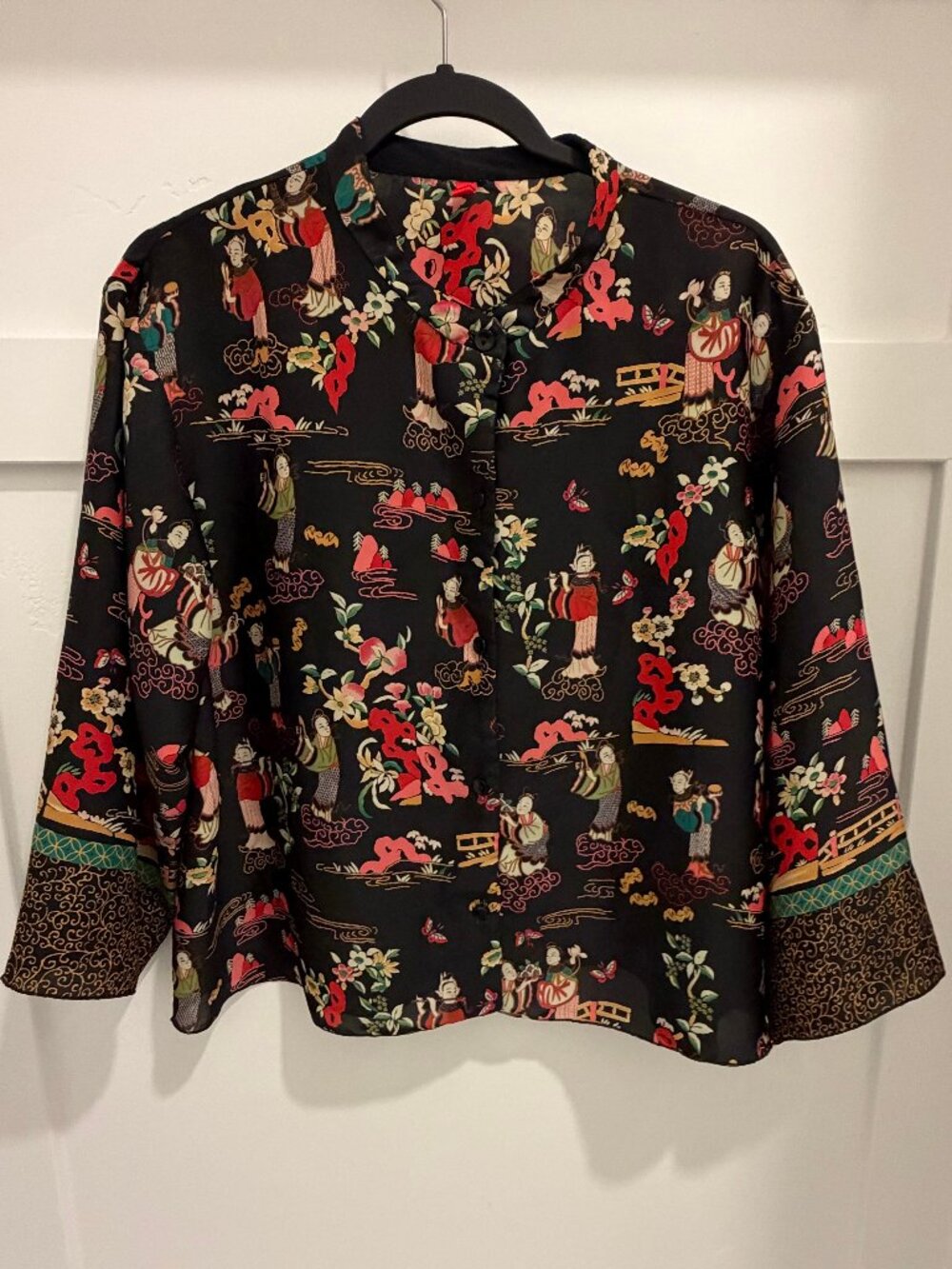 Joie Silk Blouse Asian Print Black Multicolor Button Front 3/4 Sleeve Top